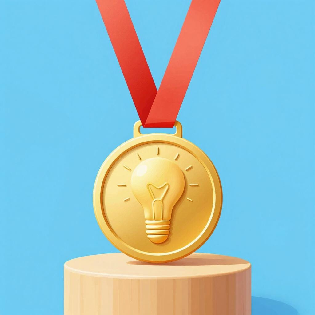 A bright gold medal with a red ribbon resting on a podium.