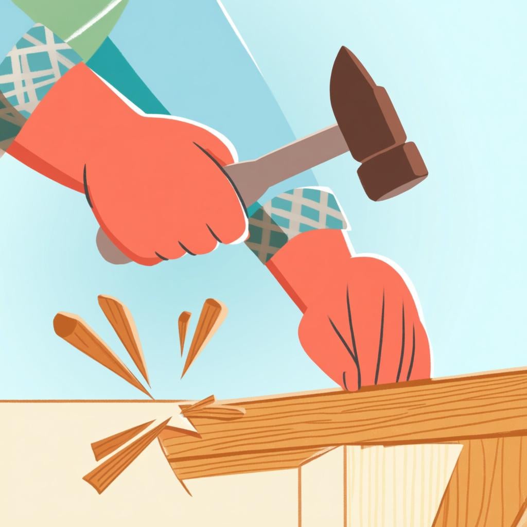 A person wearing gloves carefully holding a hammer near a wooden fence post, showing concentration before striking, symbolizing the act of damaging.