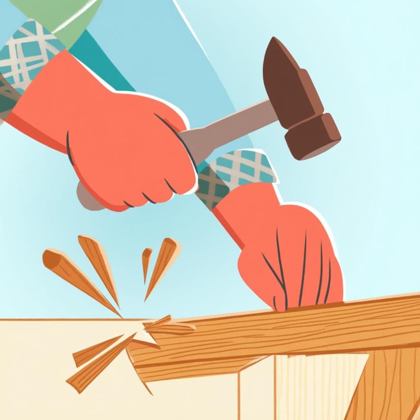 A person wearing gloves carefully holding a hammer near a wooden fence post, showing concentration before striking, symbolizing the act of damaging.