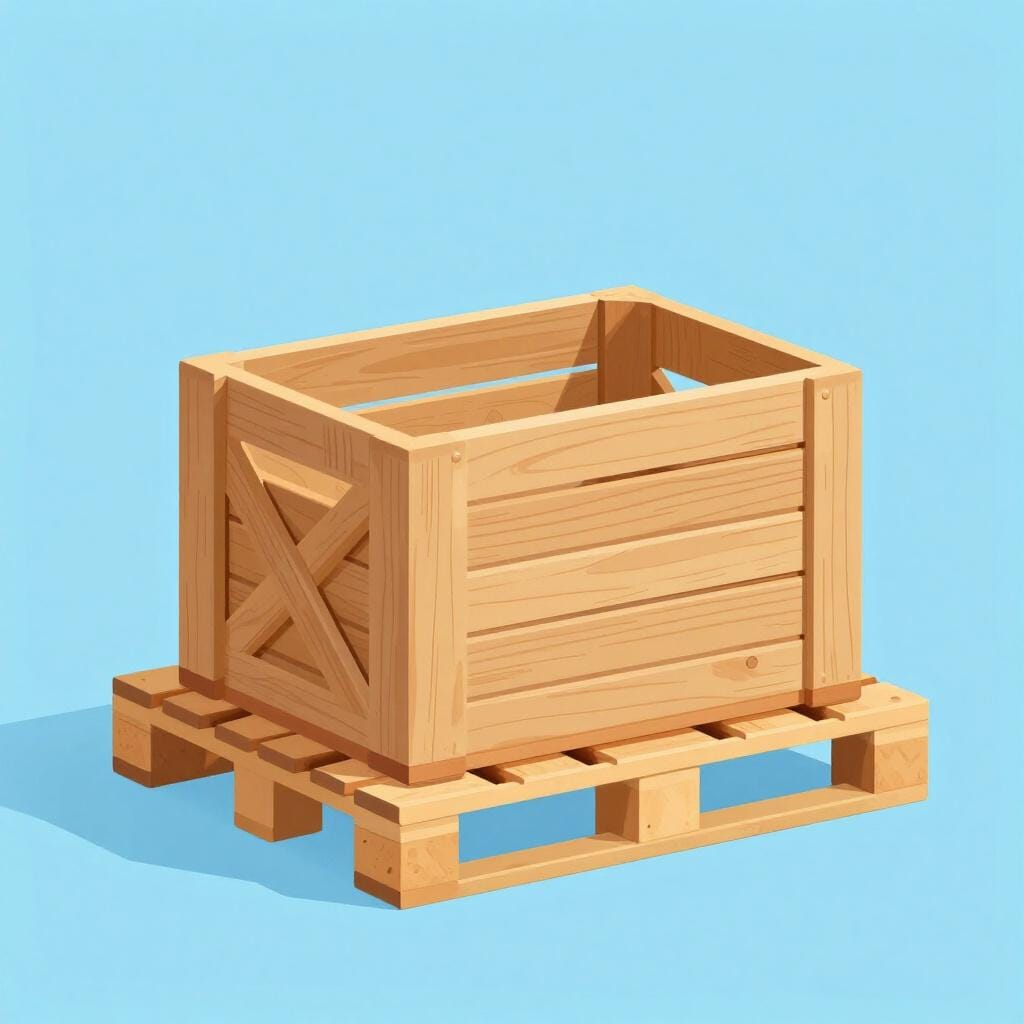 A small wooden crate sitting on a delivery pallet.