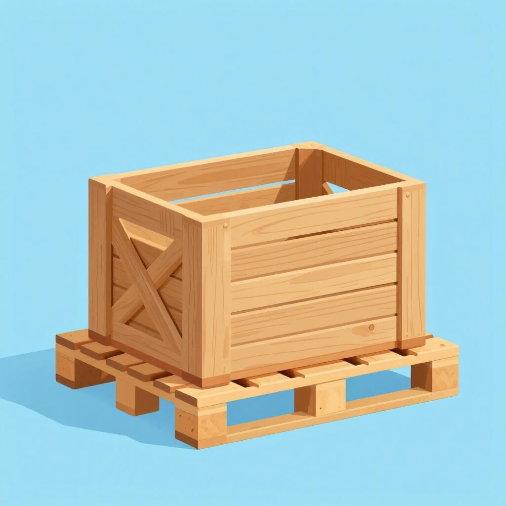 A small wooden crate sitting on a delivery pallet.