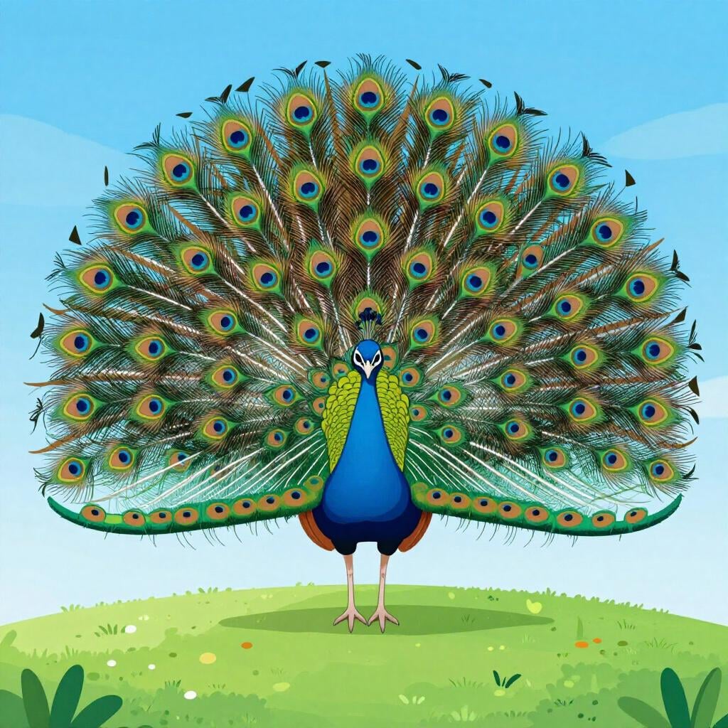 A colorful storybook illustration of a peacock with its tail feathers fully spread, standing tall on a grassy hill.