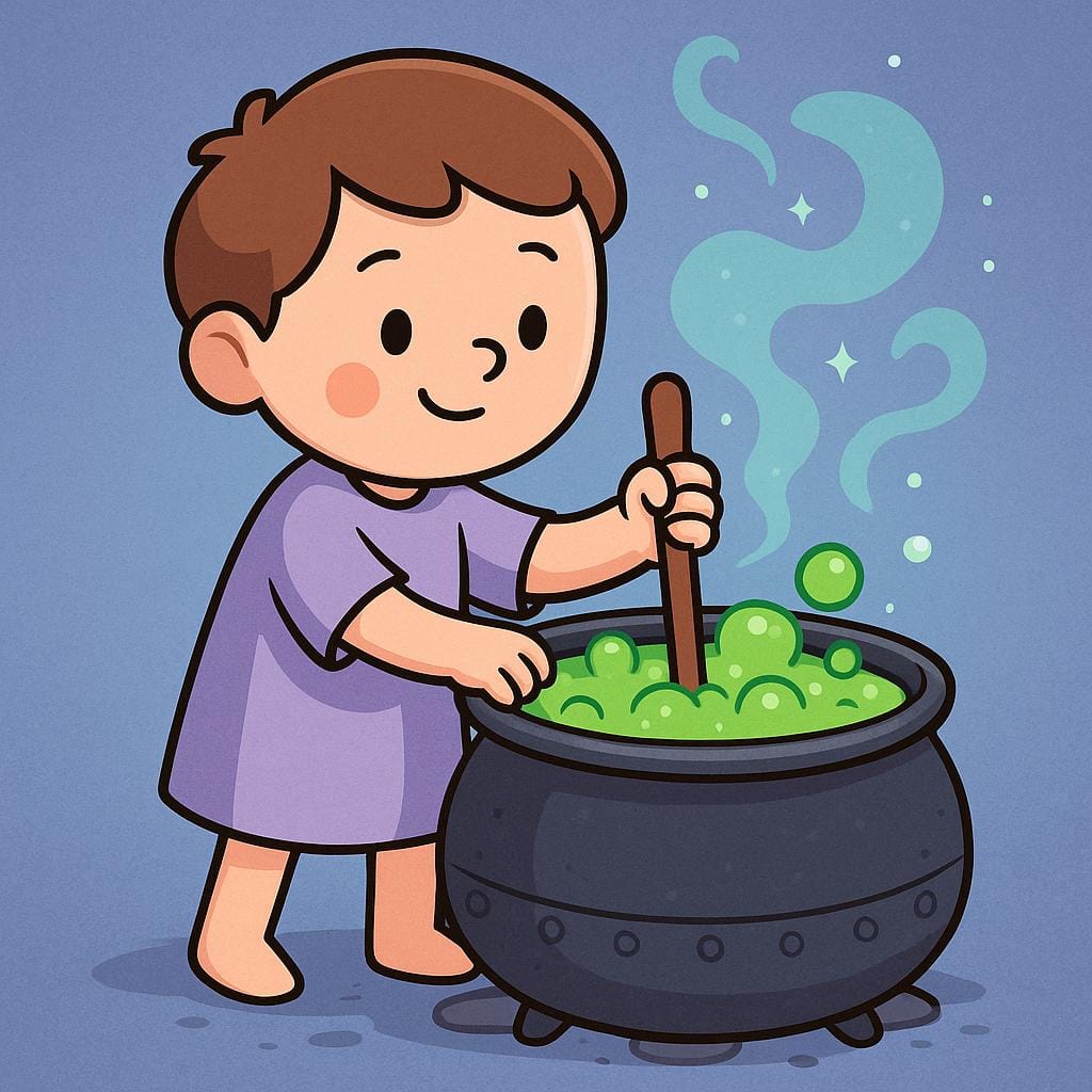 Una singola figura che indossa un mantello scuro e un cappello a punta mescola un grande calderone fumante pieno di una pozione verde brillante.