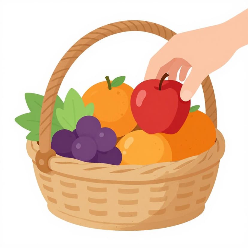 Ein bunter Obstkorb, in den gerade ein einzelner, leuchtend roter Apfel zwischen anderem Obst gelegt wird.