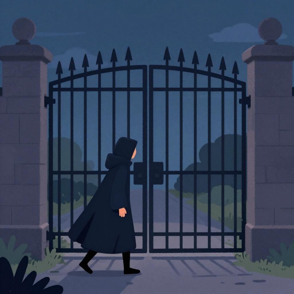 A person wearing a dark cloak sneaking past a closed gate with a large lock.