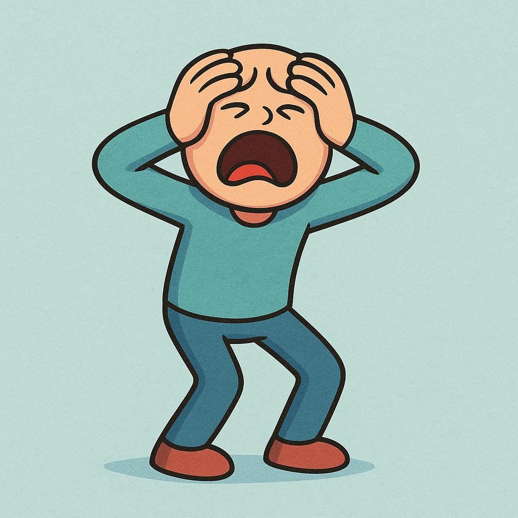 An illustration showing a simplified figure making a highly exaggerated gesture of despair, clutching their head with both hands against a colorful background.
