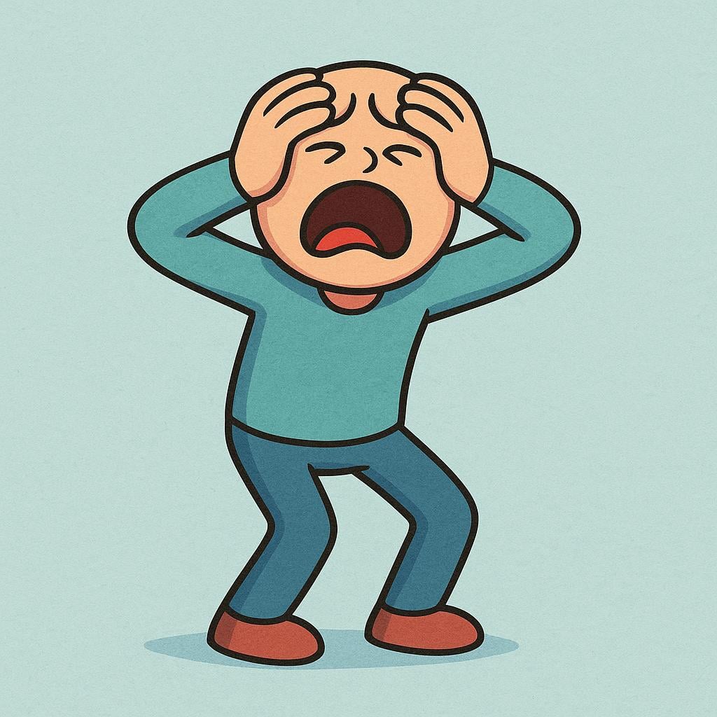 An illustration showing a simplified figure making a highly exaggerated gesture of despair, clutching their head with both hands against a colorful background.