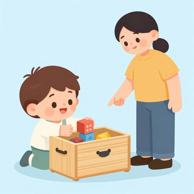 A child putting toys into a wooden chest as directed by a parent.