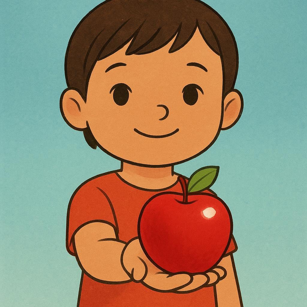 A small child holds out a single bright red apple in their open hand, symbolizing an offer.