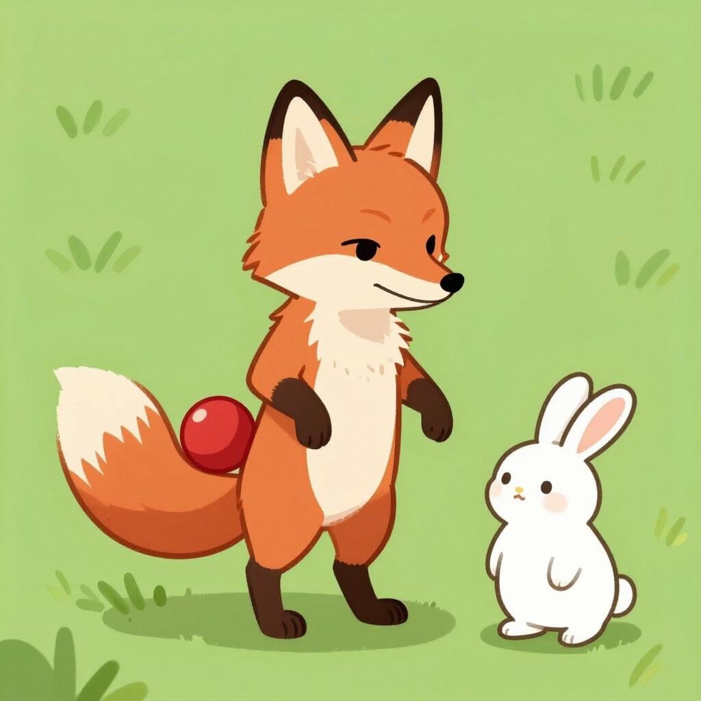 A mischievous fox hiding a brightly colored ball behind its back while offering an empty hand to a friend.