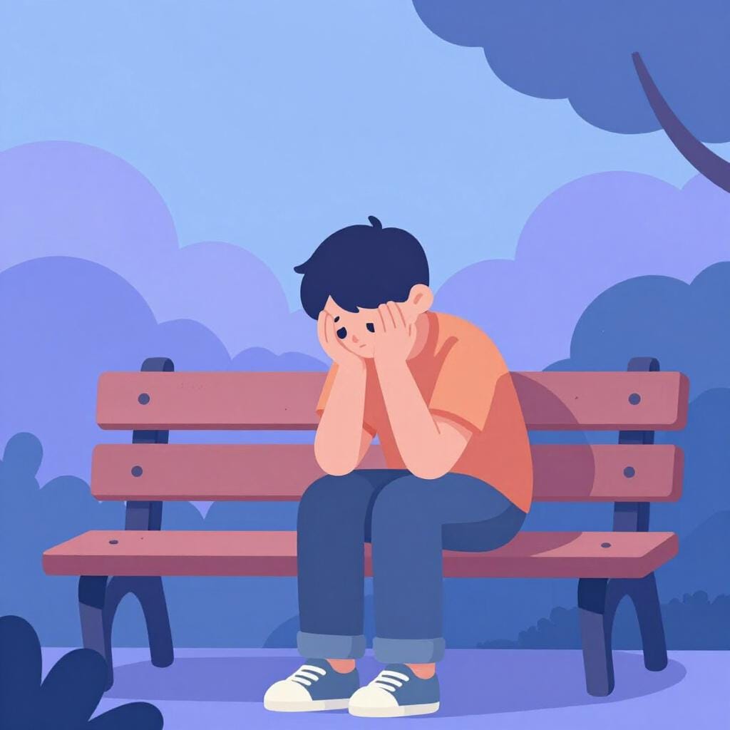Uma figura pequena sentada sozinha num banco de madeira, olhando para baixo com a cabeça nas mãos, com uma expressão muito triste.