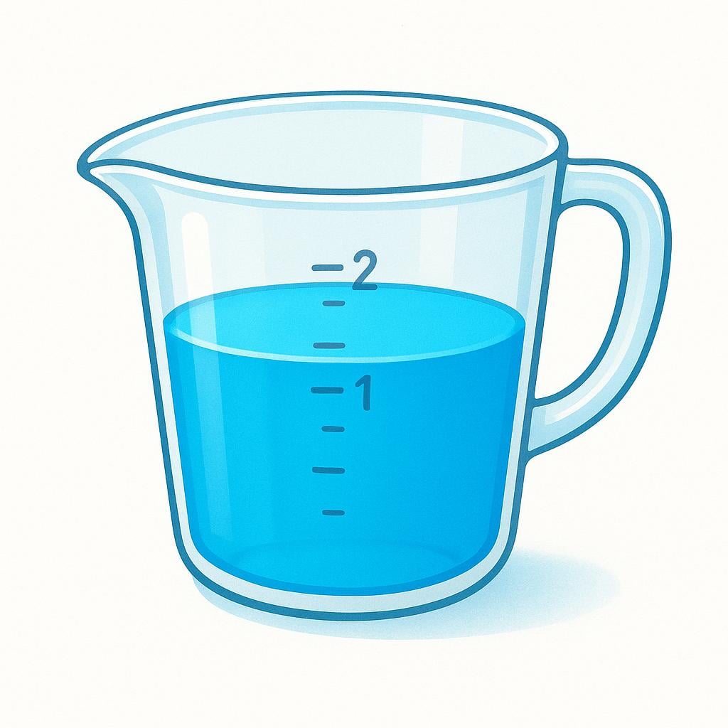 A clear glass measuring cup filled exactly halfway with vibrant blue liquid, sitting on a simple surface, illustrating a specific measured amount.