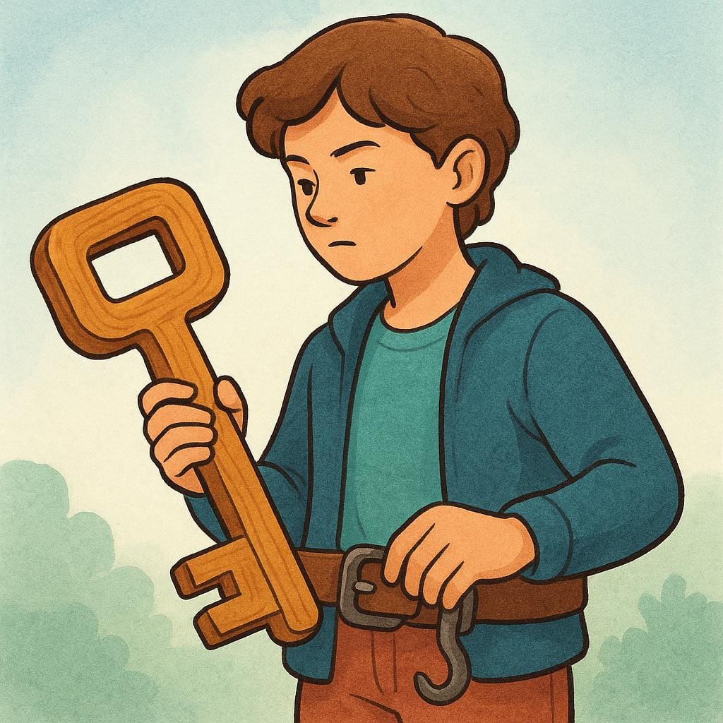 A determined person is carefully placing a large wooden key onto their belt, symbolizing accepting a duty.
