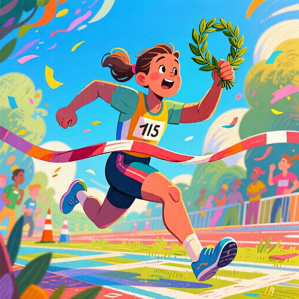 An athlete winning a race, clearly in the first position ahead of other blurred competitors.