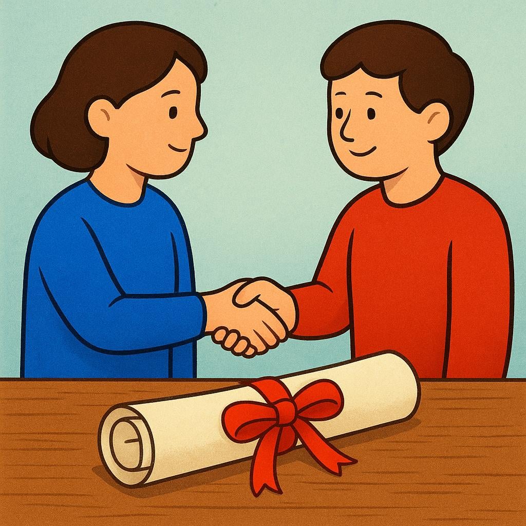Two professional cartoon figures shaking hands firmly over a thick document tied with a red ribbon on a wooden table, symbolizing a formal agreement.