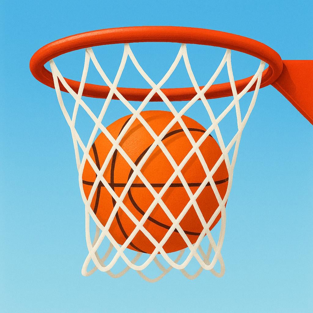 A bright orange basketball descending cleanly and perfectly through the white net of a basketball hoop.
