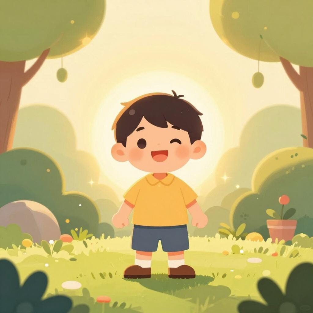 明るい庭に立つ小さな子供が、周りの空気に満ちる輝く金色の光を不思議そうに見上げている。