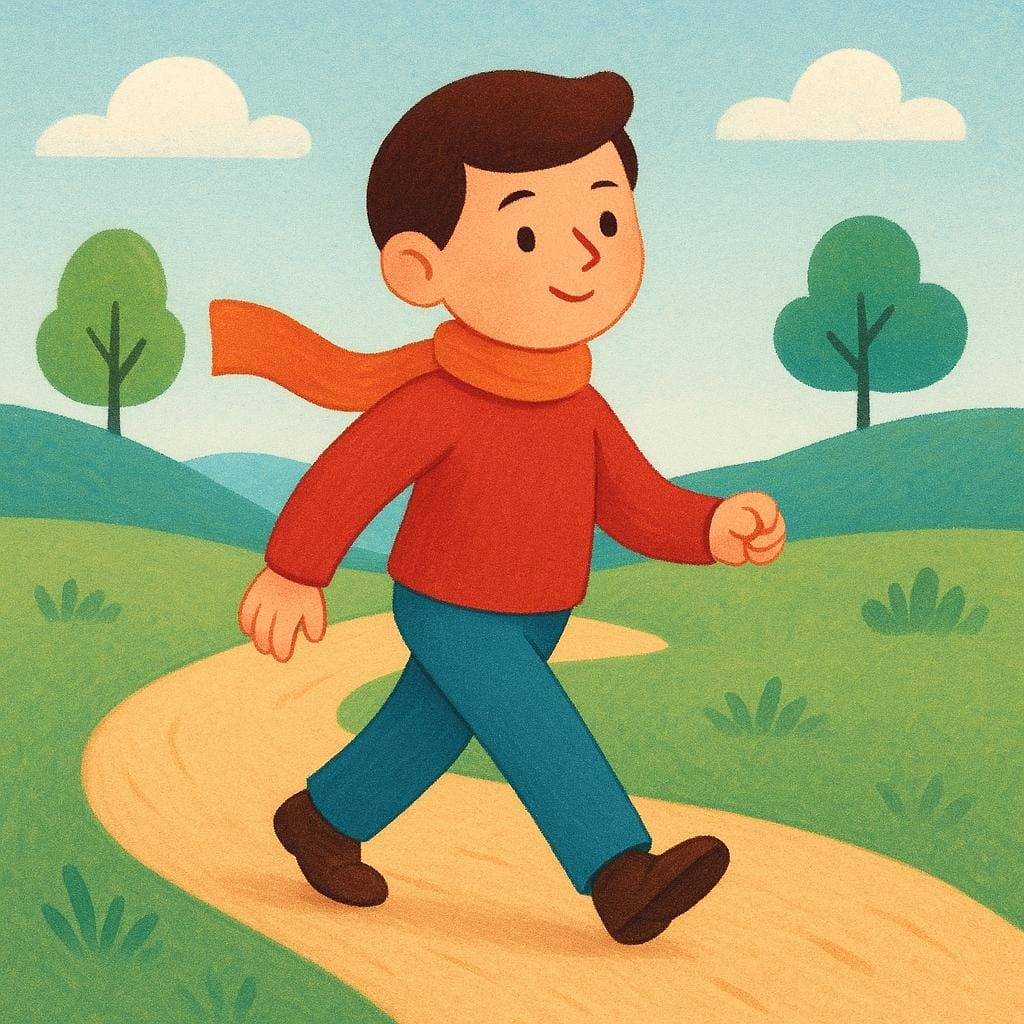 A simple cartoon character standing on a path is shown mid-pivot, twisting their body to face the opposite direction they were previously walking, illustrating a turn.