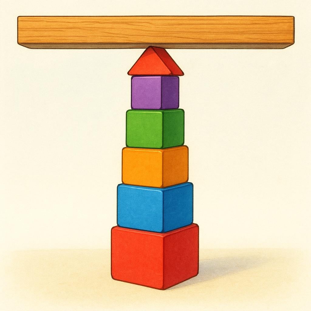 A storybook illustration showing a stack of colorful blocks hitting a solid horizontal wooden plank, symbolizing a hard limit or maximum capacity.