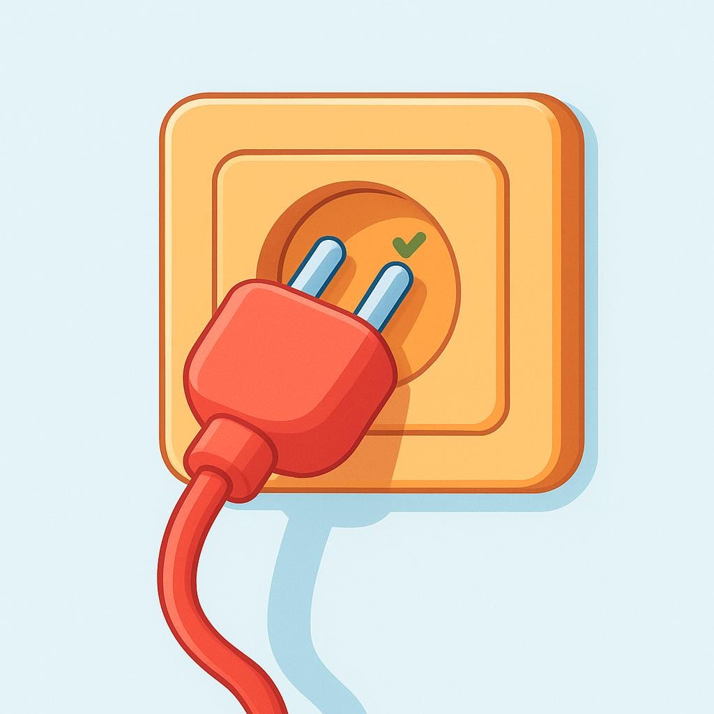 A simple, brightly colored electrical plug is firmly and fully inserted into a matching wall socket, indicating a completed connection.