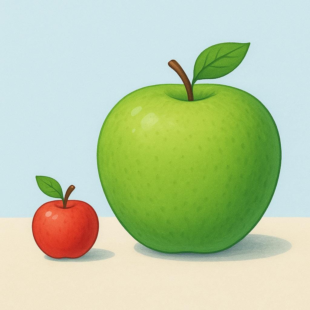 Een zeer kleine, felrode appel direct naast een enorme, imposante groene appel geplaatst, wat het concept van kleine omvang door contrast illustreert.