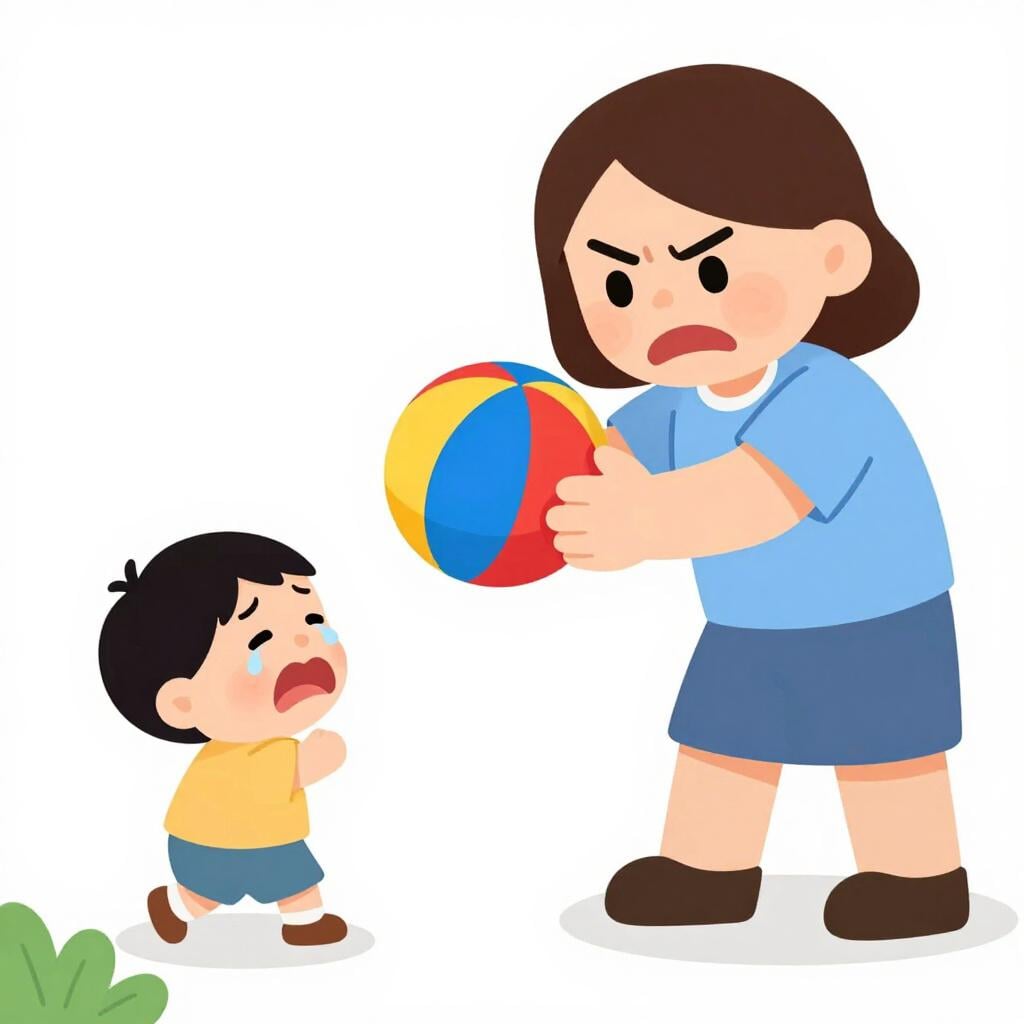 Un personnage au visage grincheux retirant un jouet à un enfant triste.