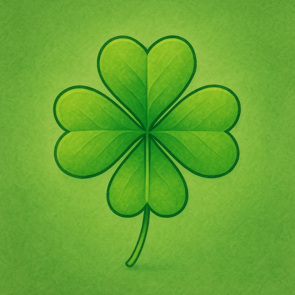 A bright green, perfect four-leaf clover centered on a lush background, symbolizing good luck.