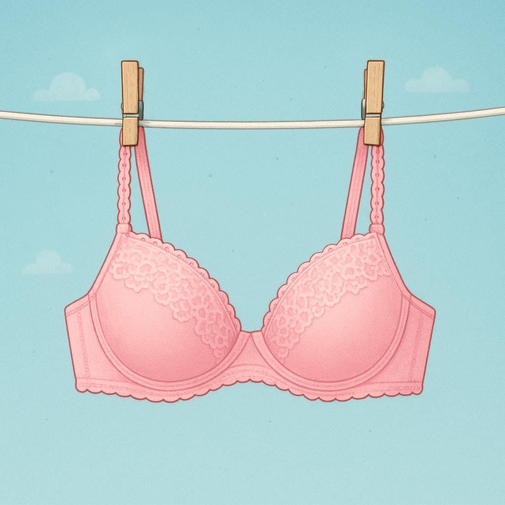A simple, colorful depiction of a pink lace bra hanging on a clothesline.