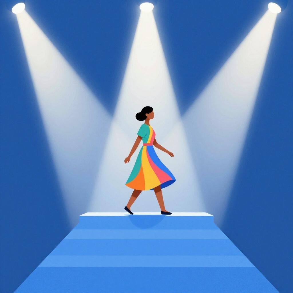 A fashion model walking down a long platform wearing a stylish dress.