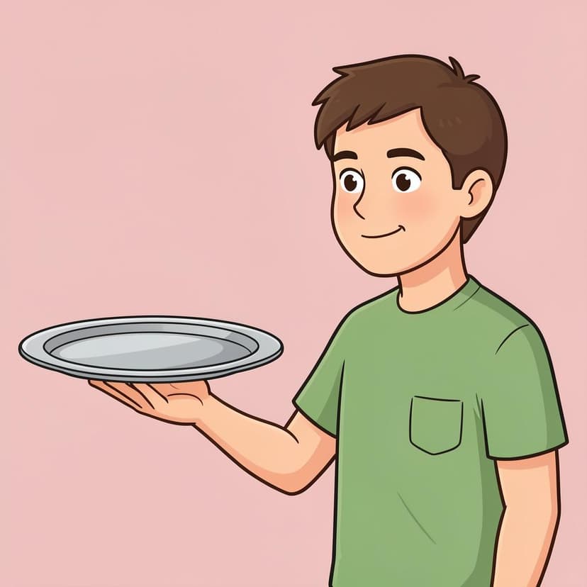 一人の人が、差し出された食べ物のトレイを優しく押し返している様子。