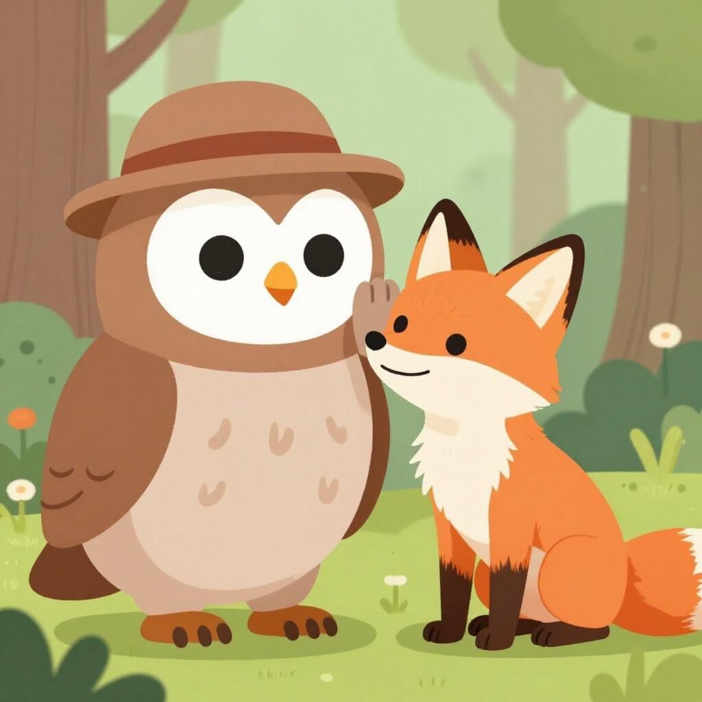 A kind older person leaning in to speak softly to a younger person, offering guidance in a friendly way.