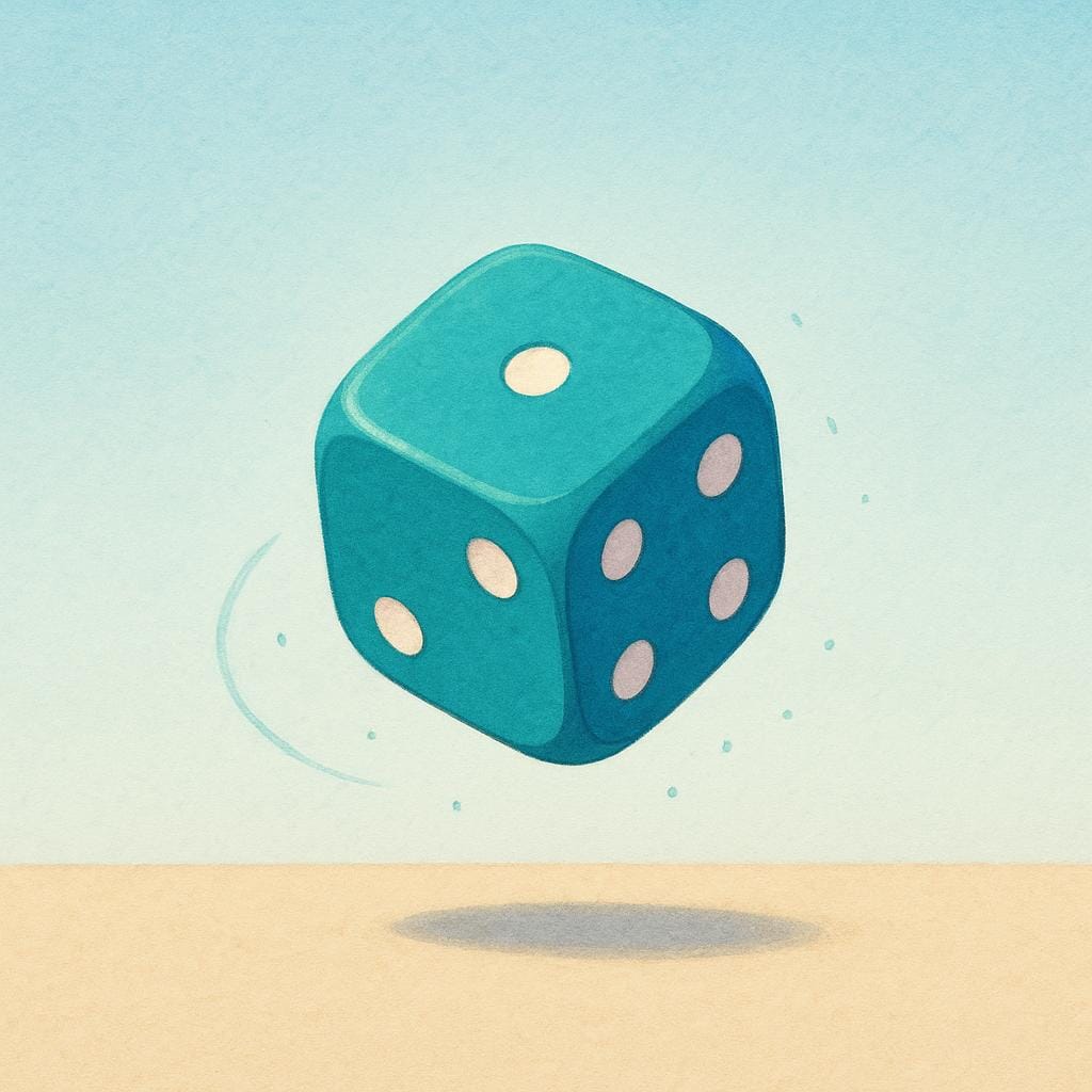 A brightly colored storybook illustration showing a large six-sided die frozen mid-roll in the air just before landing, symbolizing chance.