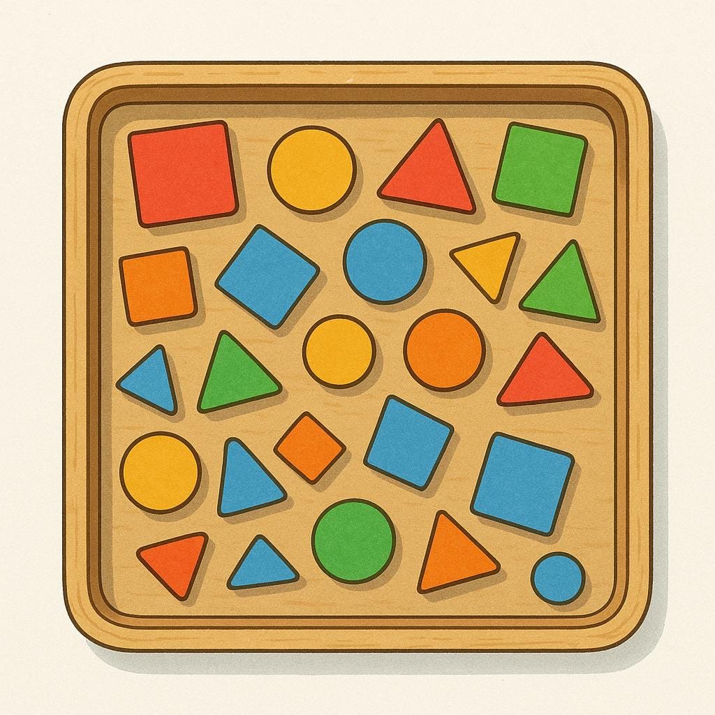 A simple wooden tray filled with many small, colorful, distinct geometric shapes (squares, triangles, circles), suggesting the components of written language.