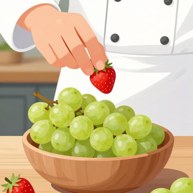 A chef adding a single red strawberry to a bowl of green grapes.