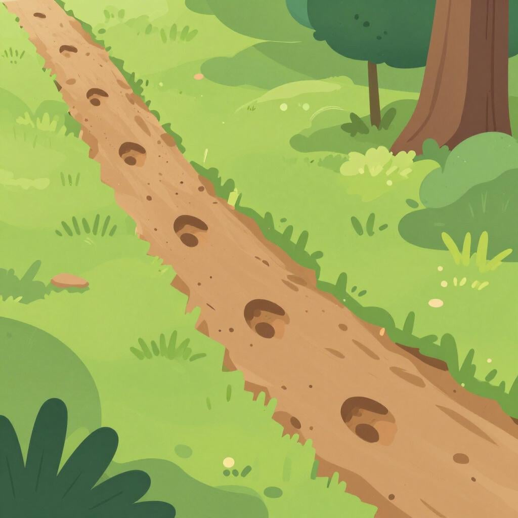 Large animal footprints in soft mud leading towards the forest.