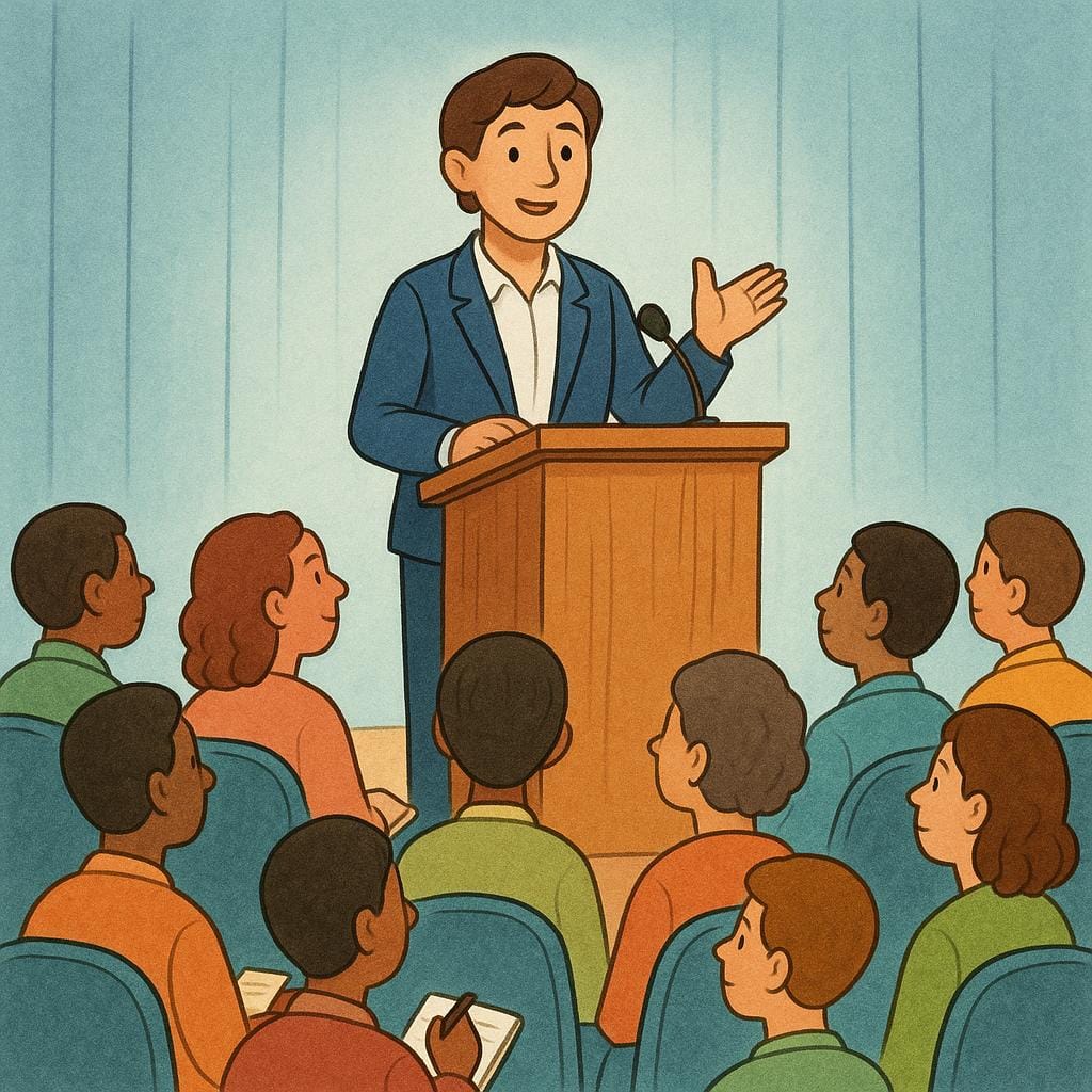 A speaker standing at a podium addressing an audience seated in a large room.