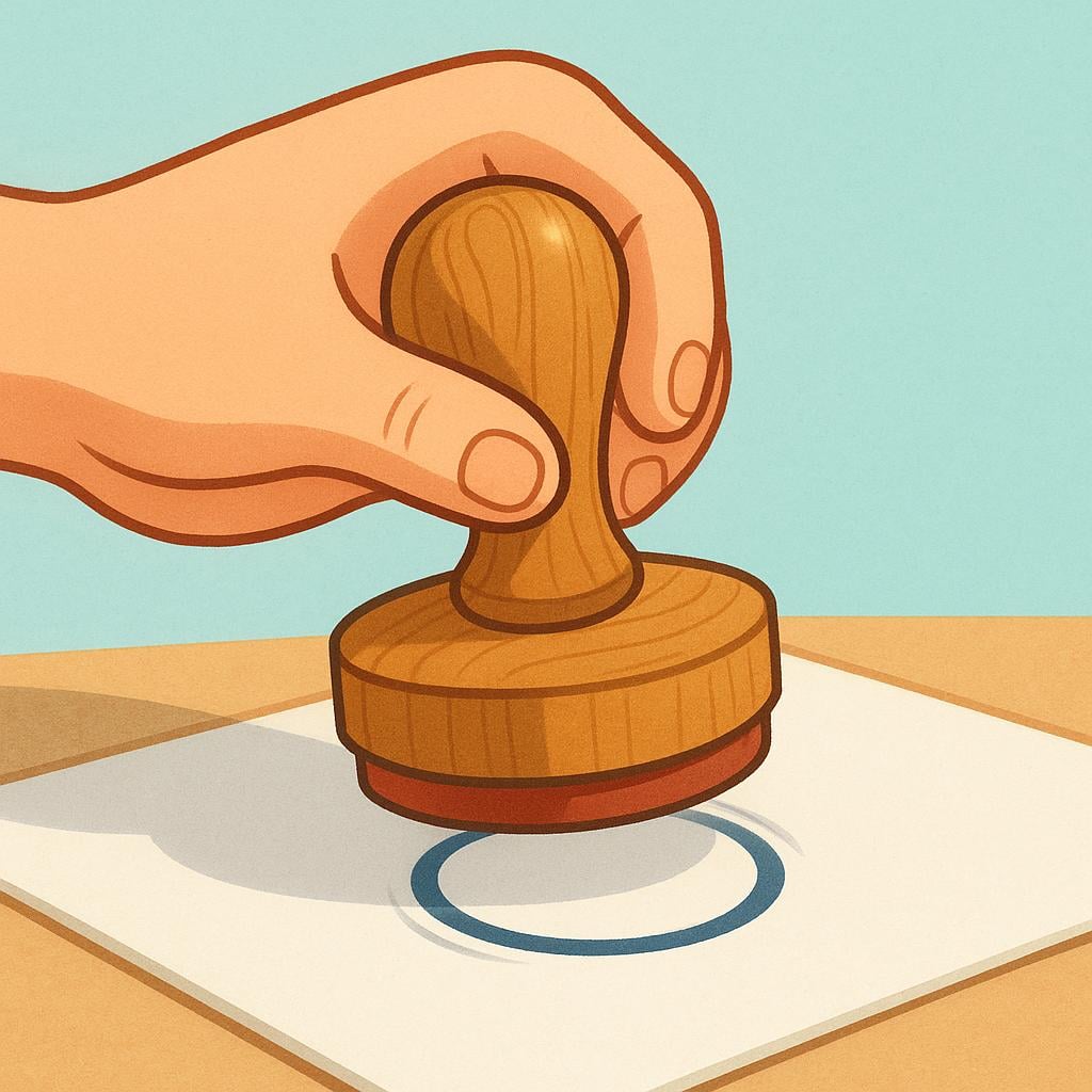 A hand holding a large, official, round rubber stamp, pressing it down onto a sheet of paper to mark official approval.