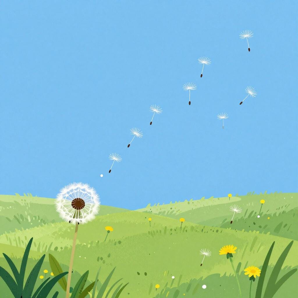 風に舞うタンポポの種が、広大な野原に広がる様子を示している。