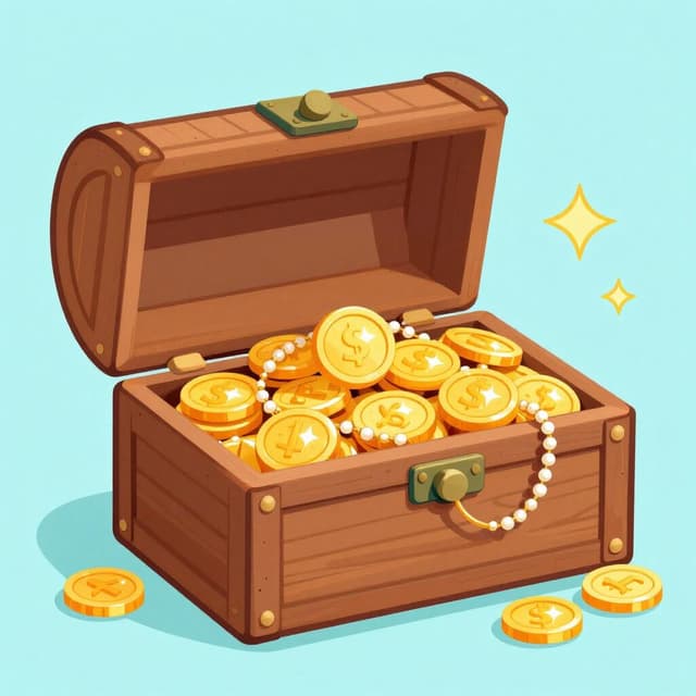 A wooden chest overflowing with shiny gold coins and jewelry on a simple background.