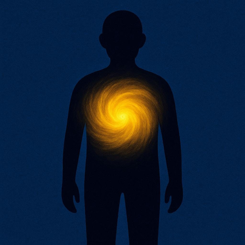 A simple silhouette of a human figure standing. Inside the figure's outline, a bright, warm yellow light is swirling and radiating, symbolizing the spiritual soul.
