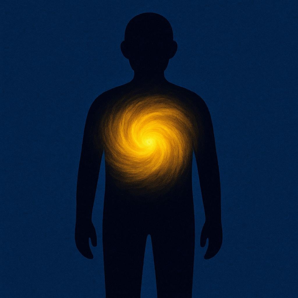 A simple silhouette of a human figure standing. Inside the figure's outline, a bright, warm yellow light is swirling and radiating, symbolizing the spiritual soul.