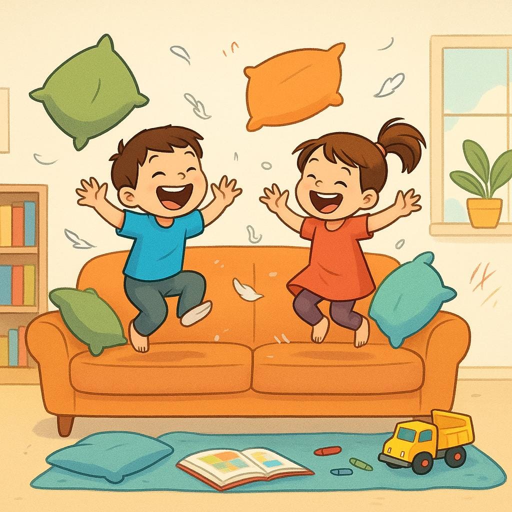 A colorful illustration depicting two small children jumping wildly on a sofa and throwing pillows, creating a chaotic mess in a living room.