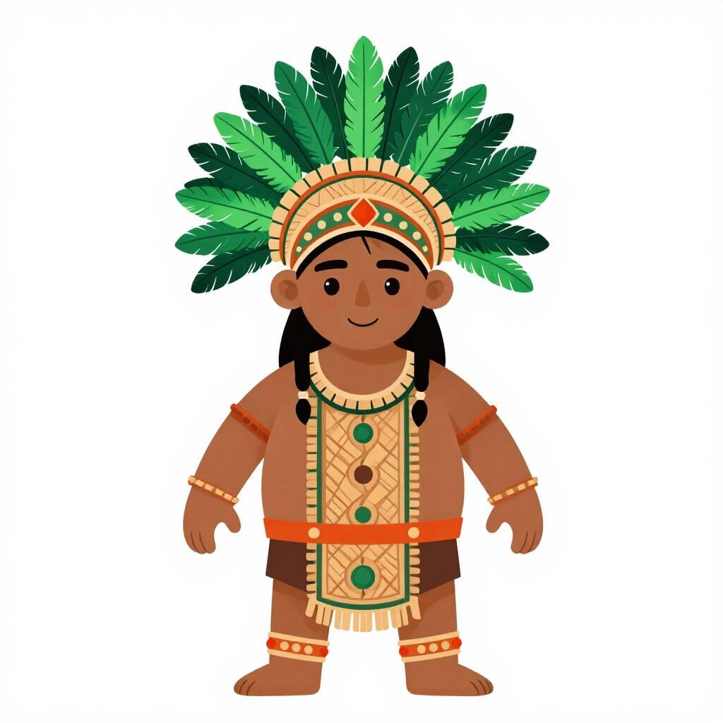 Un'illustrazione colorata di una persona vestita con abiti tradizionali aztechi con un copricapo di piume.