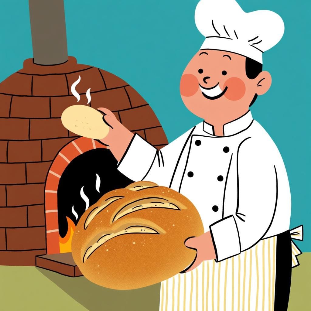 Un fornaio che tiene in mano una pagnotta di pane appena sfornata e fumante, appena tolta da un semplice forno a mattoni.