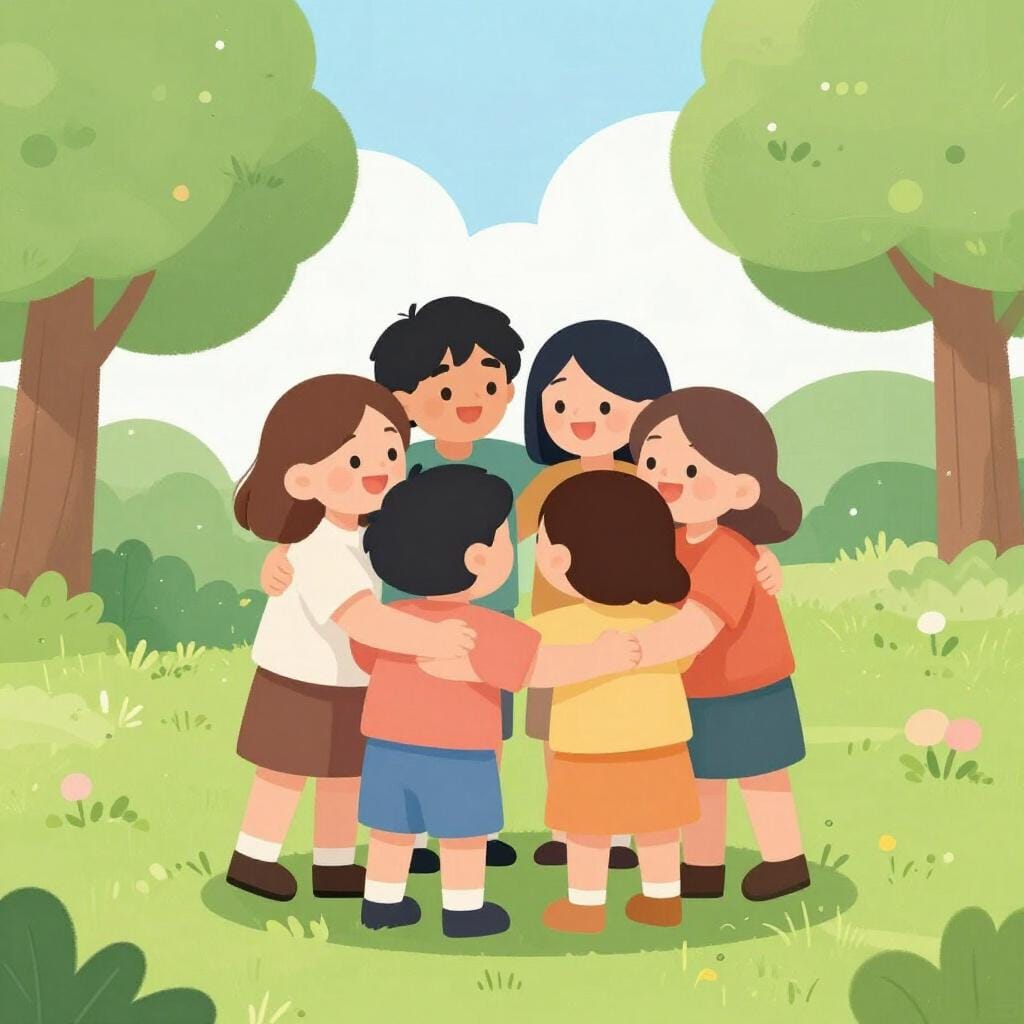 A diverse group of friends coming together in a circle for a group hug in a sunny park.