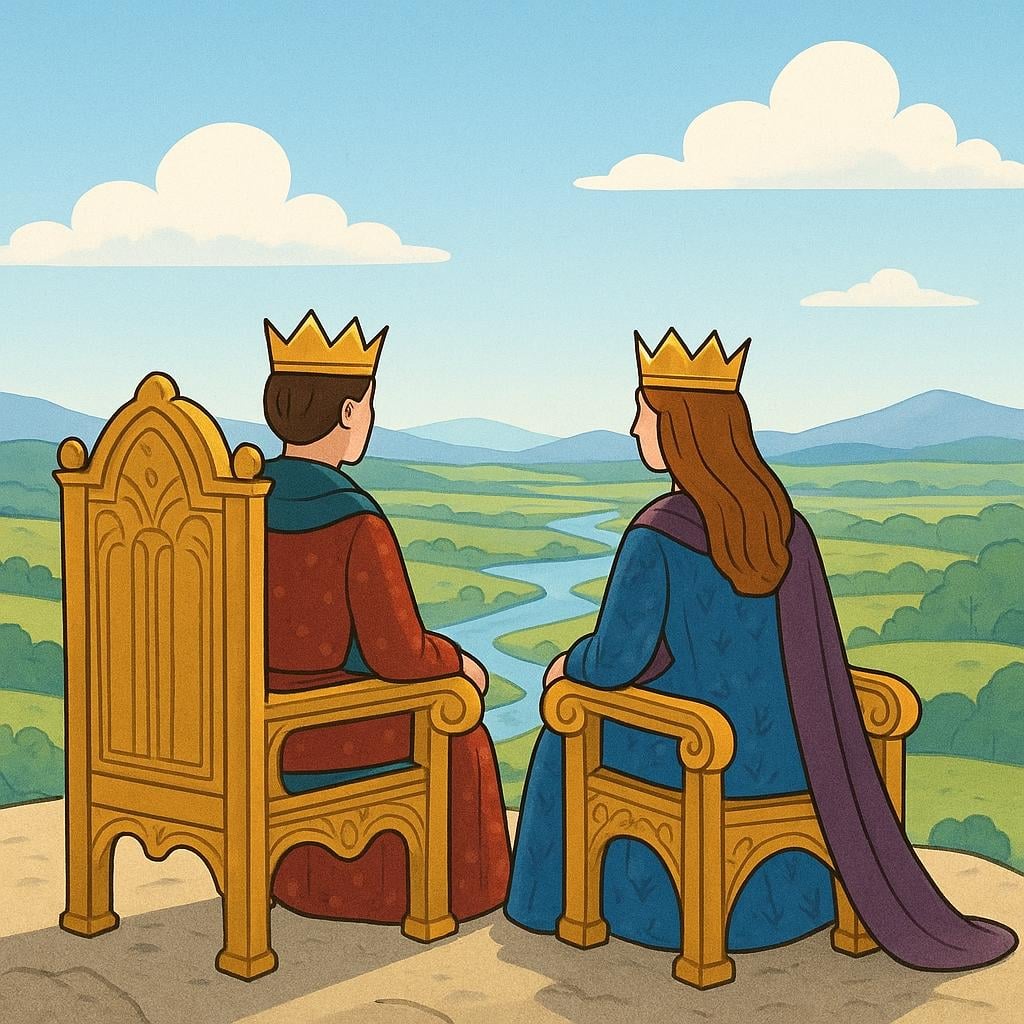 Two figures wearing simple crowns and formal robes sitting on large, ornate thrones elevated above the ground, symbolizing their authority and rule.