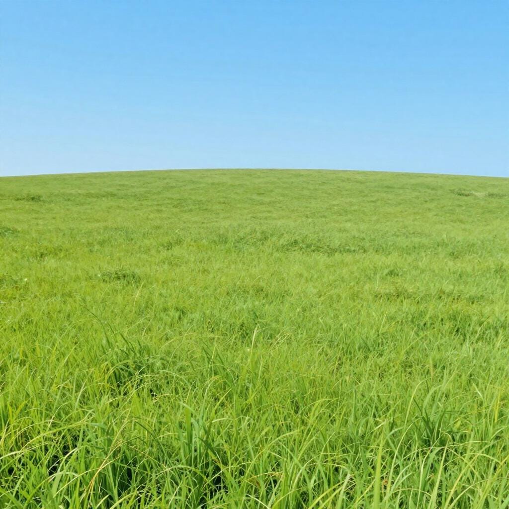 A vast, smooth, and perfectly flat green field under a clear blue sky.