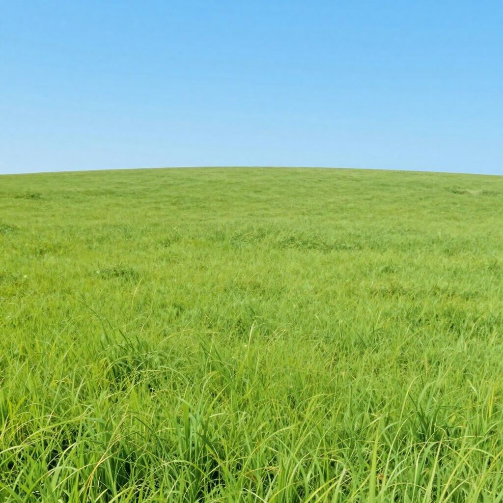 A vast, smooth, and perfectly flat green field under a clear blue sky.