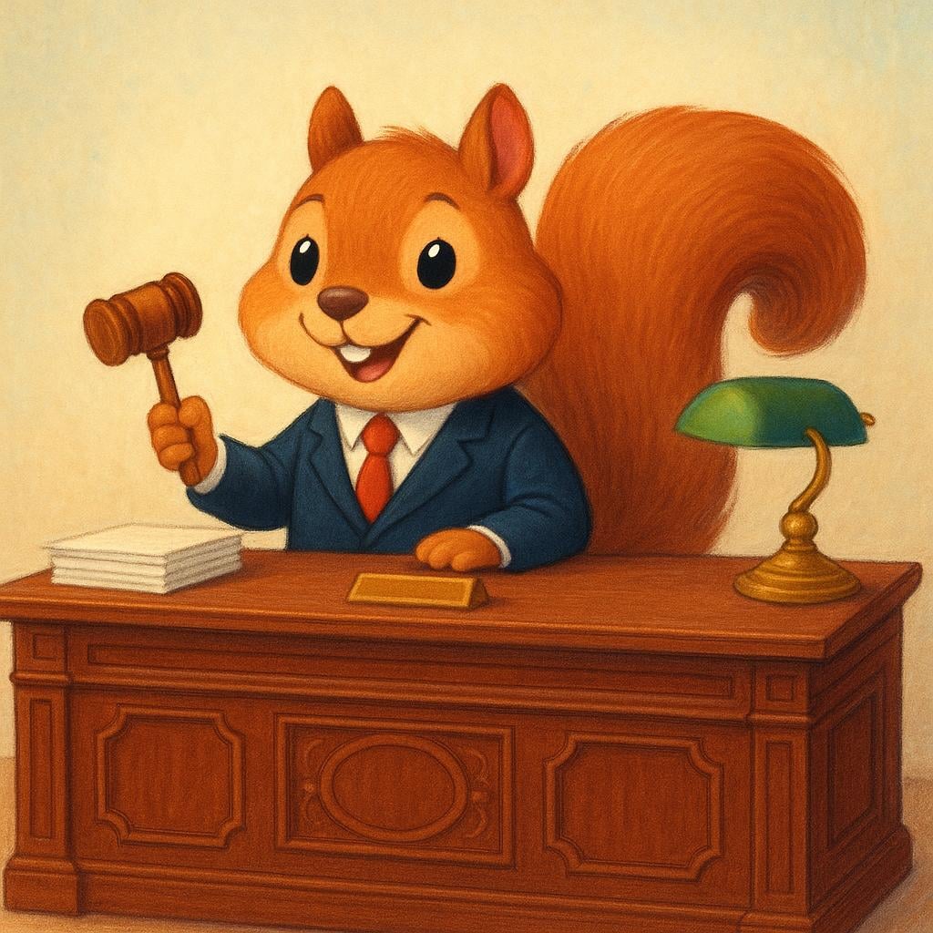 A smiling squirrel wearing a suit, sitting confidently behind a large, mahogany desk, holding a small wooden gavel, symbolizing holding an office.