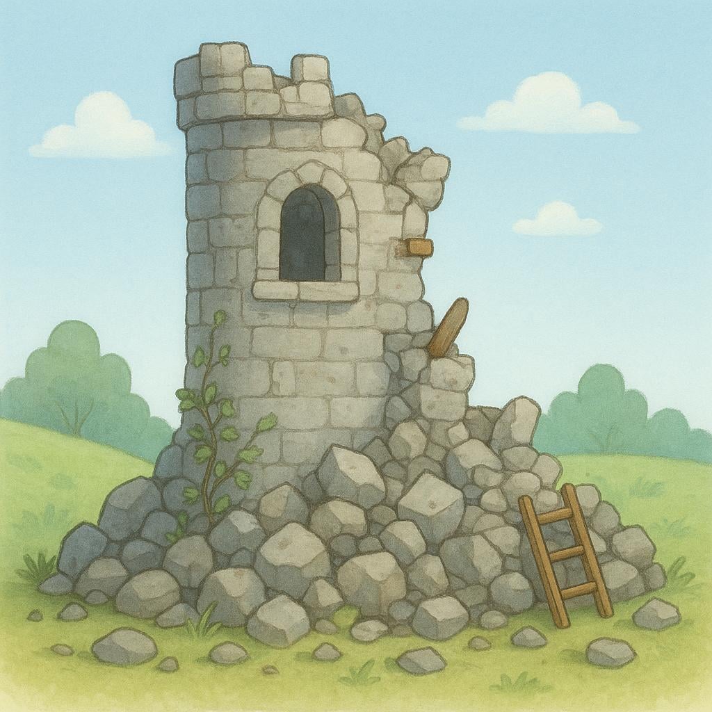 A crumbling stone castle wall, partially collapsed and covered in vines, illustrating a ruined state.